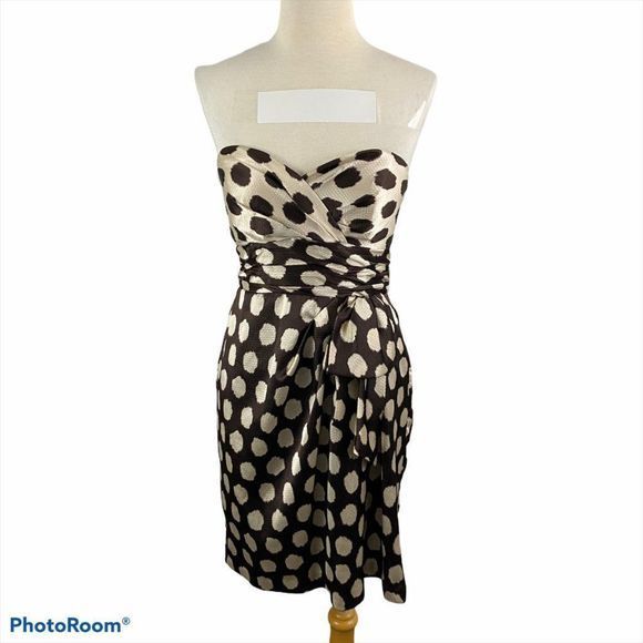 MAX & CLEO Brown Beige Strapless Polka Dot Dress - Picture 9 of 9